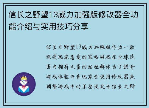 信长之野望13威力加强版修改器全功能介绍与实用技巧分享